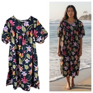 Vtg Phases House Midi Dress Muumuu Kaftan Sz XL 14 16 Black Tropical Floral